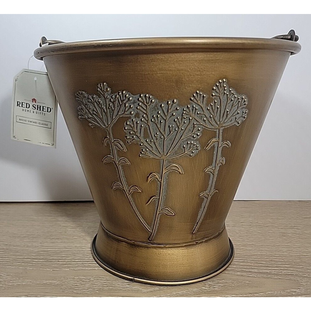 Red Shed Metal Brass Color Pail with Embossed Floral Design Decorative Storage